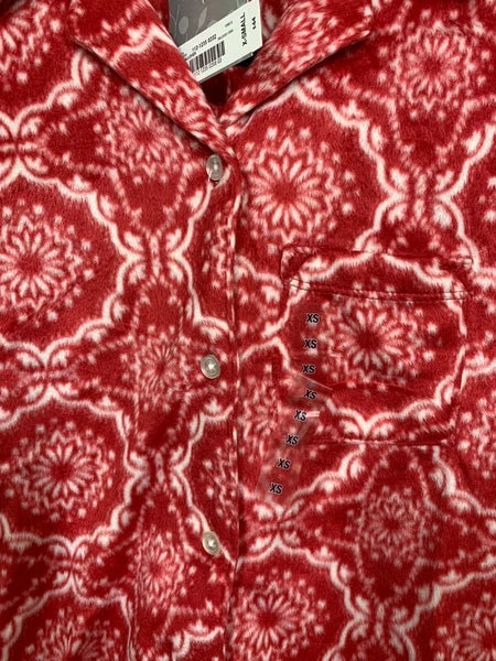 Adonna Fleece Pant Pajama Set Women's Sz XS Red White Long Sleeve Button Pocket