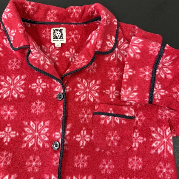 Anne Klein Holiday Pajama Pants Set Long Sleeve Button Up Red Fleece PJs Large
