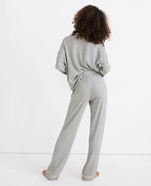 MADEWELL WOMEN'S HEATHER GREY LONG SLEEVE PIPPED WAFFLE KNIT PAJAMA SET Sz XXS