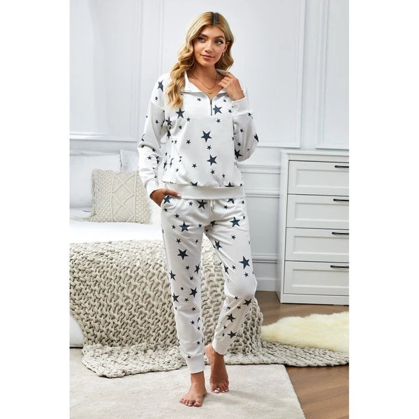 Star Print Zipper Collar Long Sleeve Top and Jogger Loungewear Set - LC451318-1