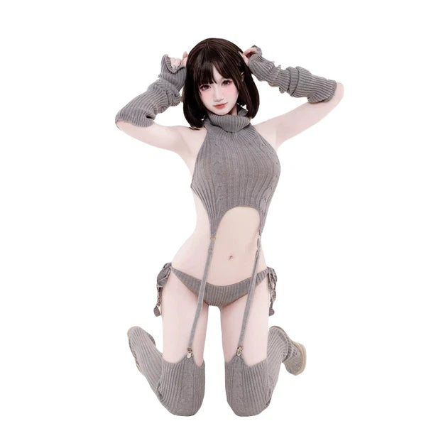 Cozy Knit Lingerie Set with Turtleneck & Garters Cute Bareback Sweater Pajama Co