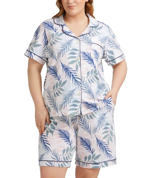 New BEDHEAD Tropical Palm 2 Pc STRETCH Top & Shorty Shorts Pajama Set POCKETS M