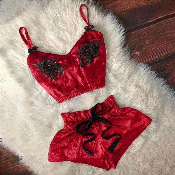 Women Sexy V-Neck Satin Pajamas Set Lace Bowknot Nightwear Tops Shorts Set