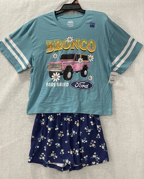 Bronco Ford Pajama Short Set Women's Medium Blue Retro Lounge 2 Piece Faded Teal