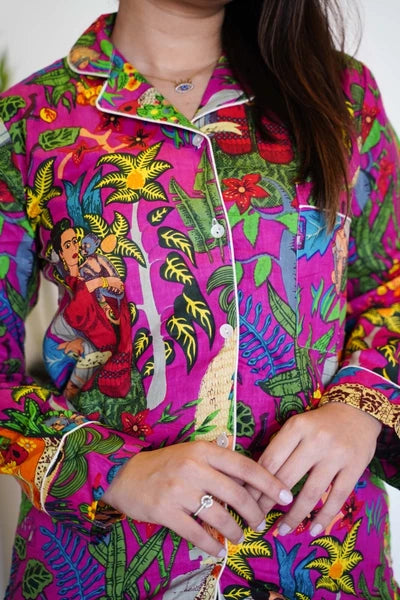 PINK FRIDA PRINT COTTON WOMEN PAJAMA SET SIZE L