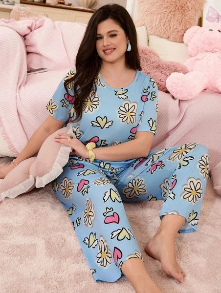 PYJAMA PLUS 18 20 22 24 26 28 LIGHT BLUE FLORAL DAISY STRETCH LOUNGEWEAR COMFORT