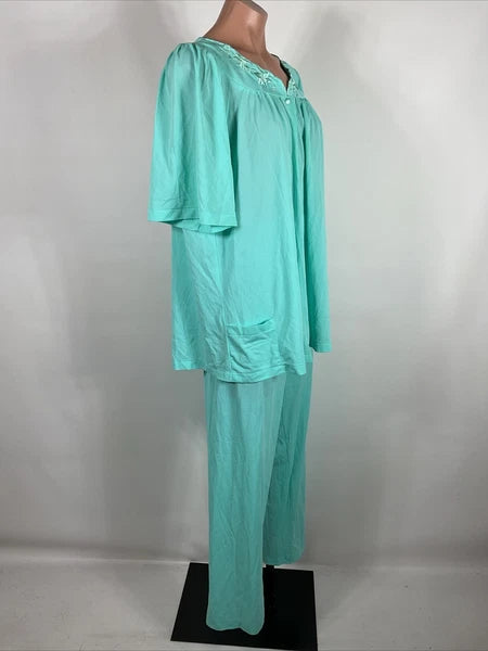 Miss Elaine Classics 2 Piece Teal Blue Nylon Pajama Set Women's Size L Silky