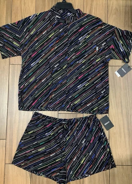 DKNY Sleep SET Women's Size L Short Sleeve Top Matching Shorts Black Multicolor