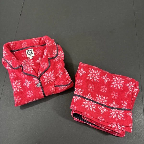 Anne Klein Holiday Pajama Pants Set Long Sleeve Button Up Red Fleece PJs Large