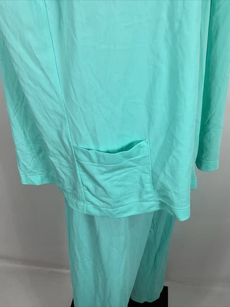 Miss Elaine Classics 2 Piece Teal Blue Nylon Pajama Set Women's Size L Silky