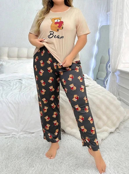 PYJAMA PLUS  20 22 24 MULTICOLOUR TEDDY BEAR HEART STRETCH LOUNGEWEAR COMFORT