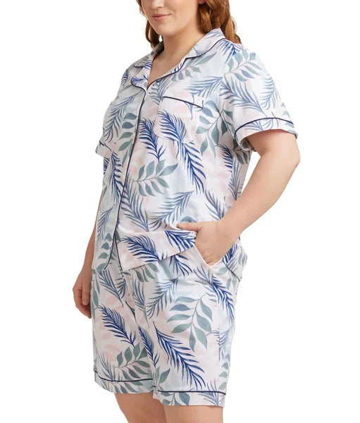 New BEDHEAD Tropical Palm 2 Pc STRETCH Top & Shorty Shorts Pajama Set POCKETS M