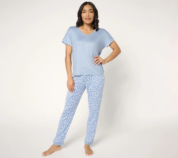 Muk Luks Sweater Knit Short Sleeve and Jogger Pajama Set Blue Leopard S New