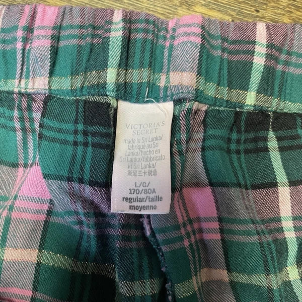 Victoria’s Secret PJ Set Thin Lightweight Flannel Plaid Green Pink Womens Large