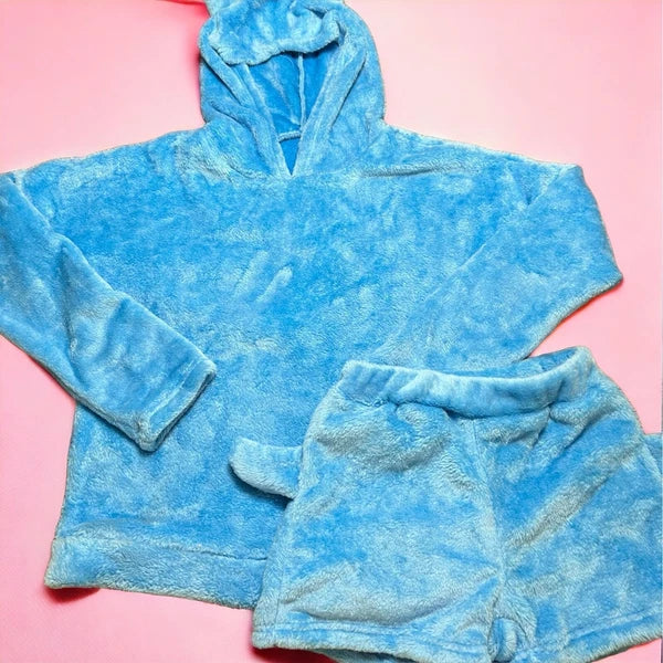 Fleece 2 piece Pajama Set Embroidered Meow Shorts Hoodie Sleepwear Size Small