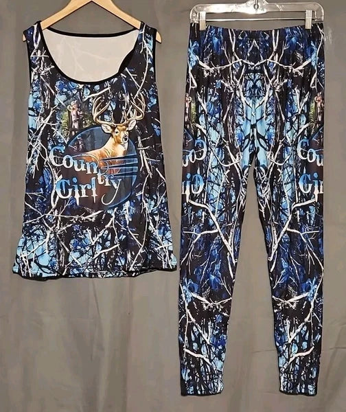 Denater - Women's Country Girl Pajama Set - Tank Top & Pants - Blue - Size XL