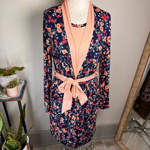 Lands' End XXS Tall ~ Navy Pink Floral Pajama Cooling 3 Piece Set -PR-NWOT *Read