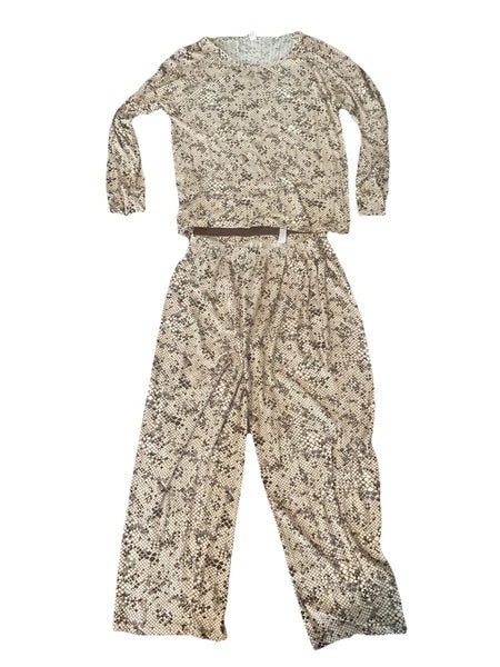 Flora Nikrooz Large Pajama Set Brown Print Long Sleeve Lindsey Pants Soft Knot