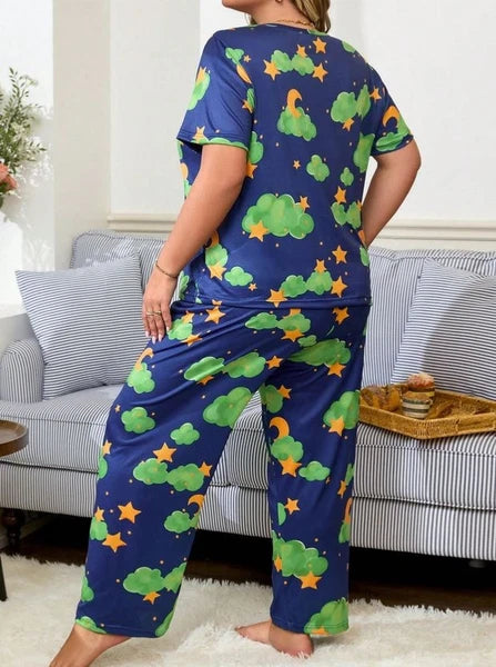 PYJAMA PLUS 18 20 22 24 26 28 BLUE GREEN CLOUD STAR STRETCH LOUNGEWEAR COMFORT