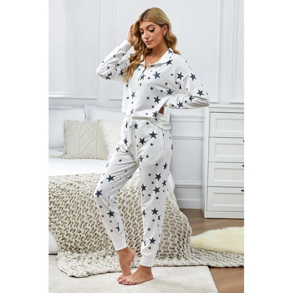 Star Print Zipper Collar Long Sleeve Top and Jogger Loungewear Set - LC451318-1
