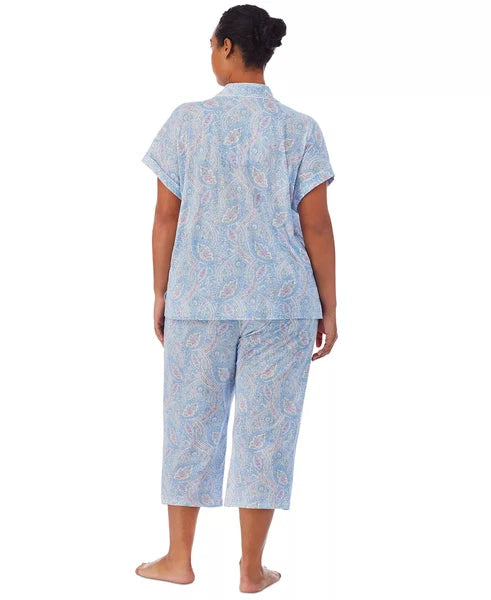 New RALPH LAUREN Paisley 2 Pc Short Sleeve Top & Capri Pants Pajama Set $78 3X