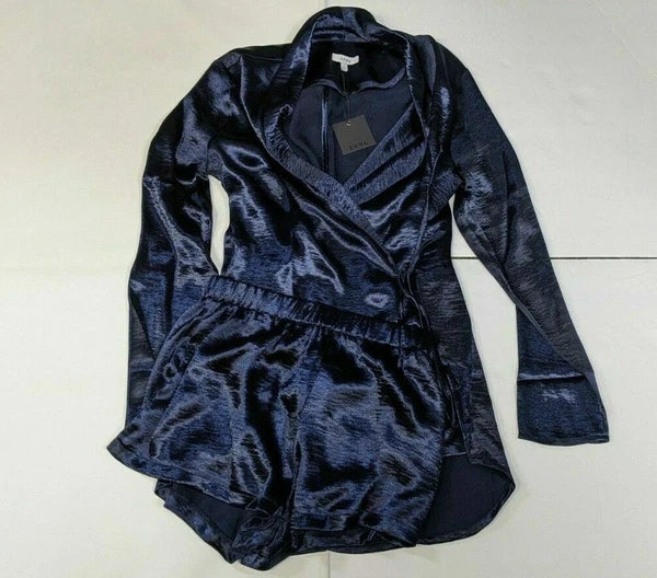 NWT EVNL Women's Navy Blue Pajama Set, Shorts/Long Sleeve, Front Tie Closure (M)