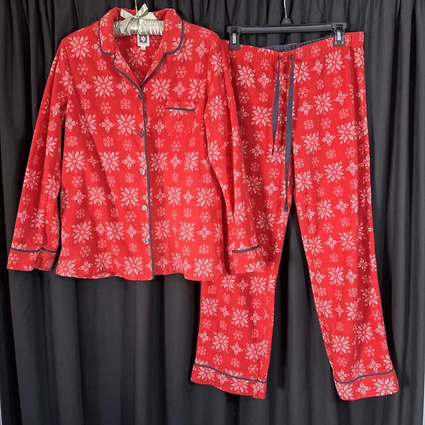 Anne Klein Holiday Pajama Pants Set Long Sleeve Button Up Red Fleece PJs Large