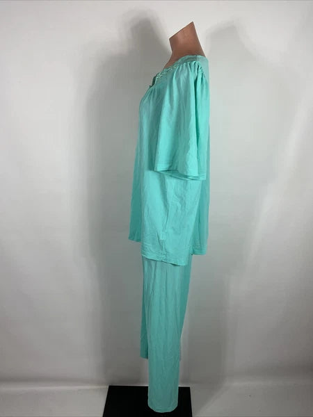 Miss Elaine Classics 2 Piece Teal Blue Nylon Pajama Set Women's Size L Silky