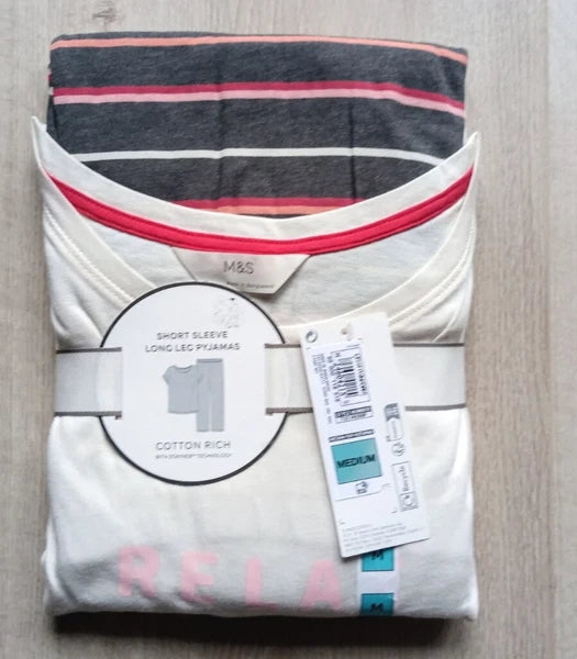 M&S Ladies Pyjama Set Size 12-14 Cream Long Leg Short Sleeve New