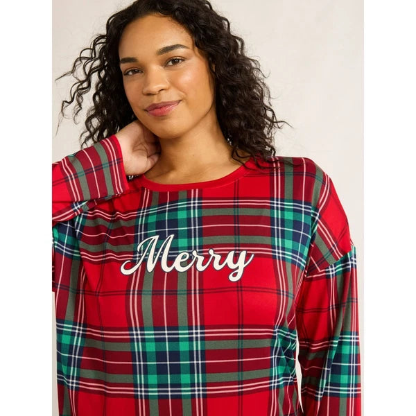 Joyspun Women's Size XL (16-18) Plaid Pajama Set "Merry" Red 2-piece Christmas
