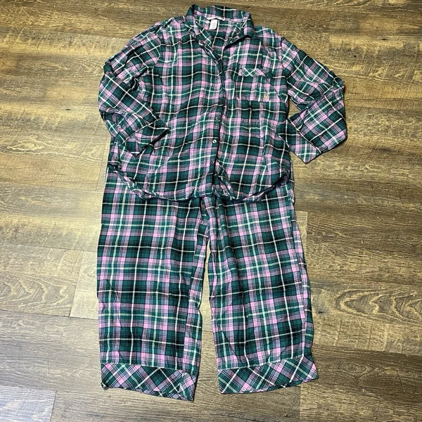 Victoria’s Secret PJ Set Thin Lightweight Flannel Plaid Green Pink Womens Large