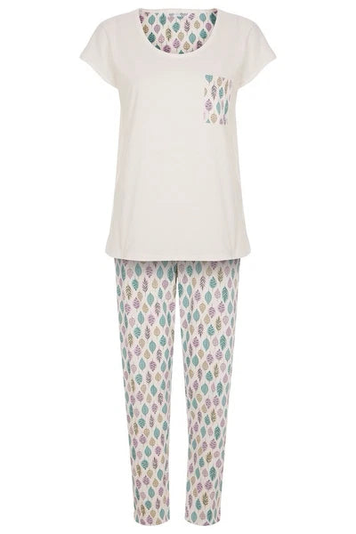 Bon Marche Ivory Leaf  Print Jersey  Pyjamas Set Short Sleeve  Top 12/14 BNWT