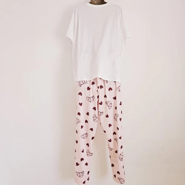 NEW Simply Be Plus Size 16-34 Croissant Print Pink Pyjama 2 Piece Set Top Bottom