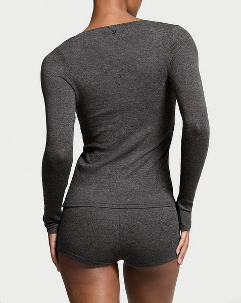 Victoria Secret Women's Ribbed Modal Henley Short Pyjamas Set Colour Grey Size S