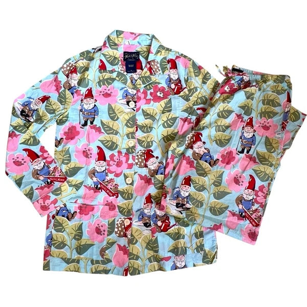 Nick Nora Sz S NWT Spring Pajama Set VTG Floral Garden Gnome Cotton Logo Branded
