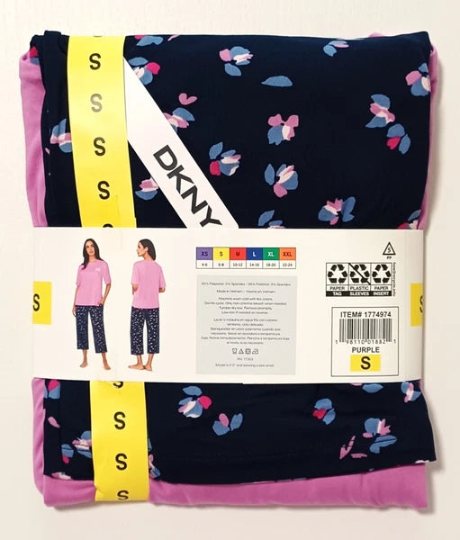 NWT DKNY Ladies' 2-piece Pajama Set Size Small Purple & Navy Soft Tee/Crop Pants