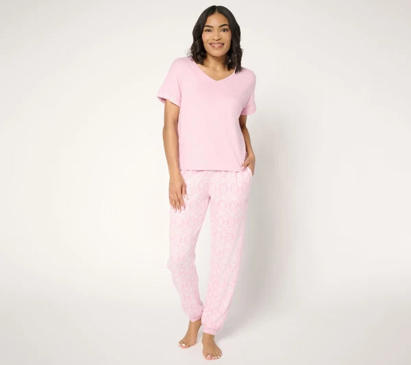 Muk Luks Sweater Knit Short Sleeve and Jogger Pajama Set Pink Ikat XS New