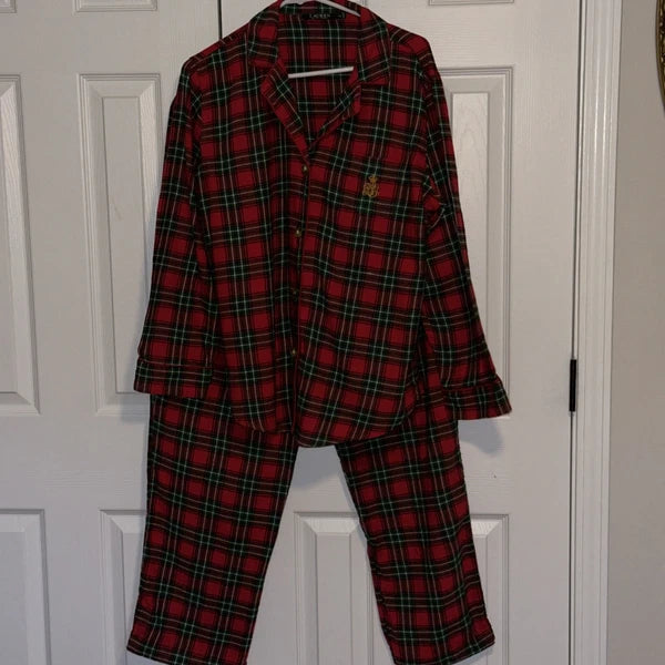 Ralph Lauren Red Flannel Plaid 2 Piece Pajama Set Women’s Size M 100% Cotton