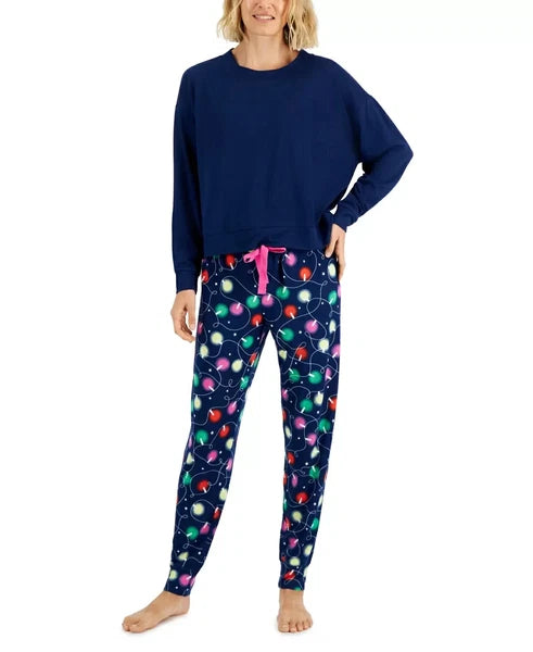 Jenni Women's 2-Piece Pajama Set, Navy Blue Christmas Lights, XXL