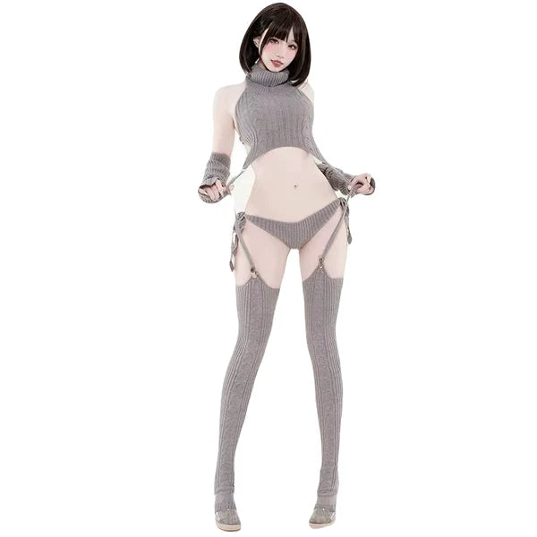 Cozy Knit Lingerie Set with Turtleneck & Garters Cute Bareback Sweater Pajama Co