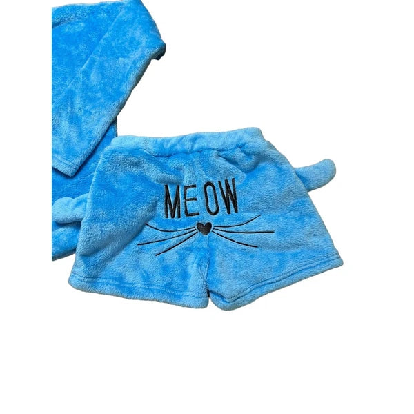 Fleece 2 piece Pajama Set Embroidered Meow Shorts Hoodie Sleepwear Size Small