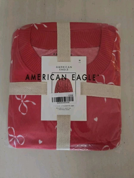 American Eagle Bow Plush PJ Pajama Set Women Medium Shirt & Shorts Red NWT