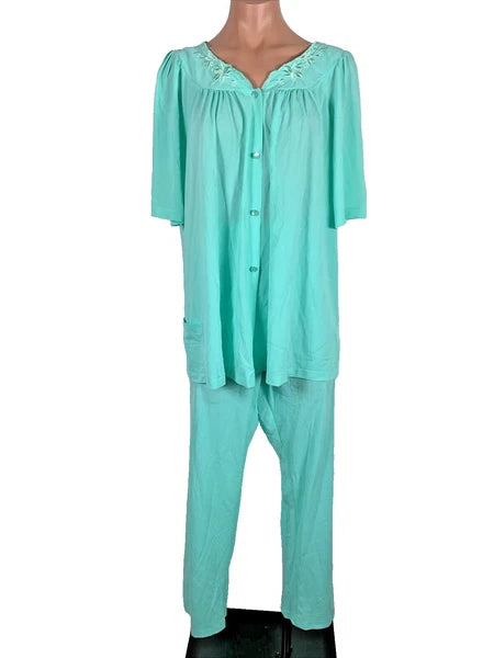 Miss Elaine Classics 2 Piece Teal Blue Nylon Pajama Set Women's Size L Silky