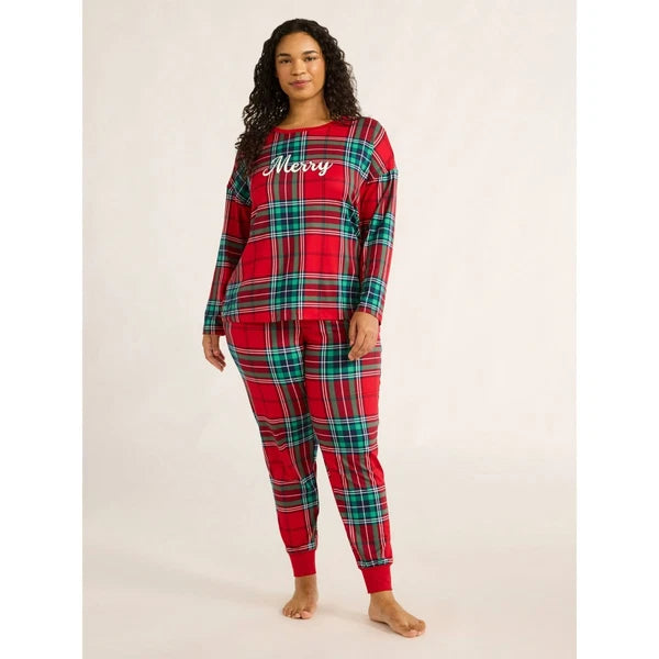 Joyspun Women's Size XL (16-18) Plaid Pajama Set "Merry" Red 2-piece Christmas