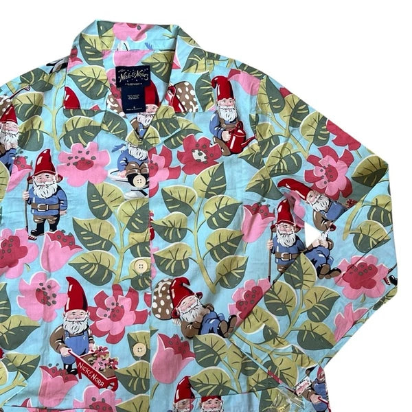 Nick Nora Sz S NWT Spring Pajama Set VTG Floral Garden Gnome Cotton Logo Branded