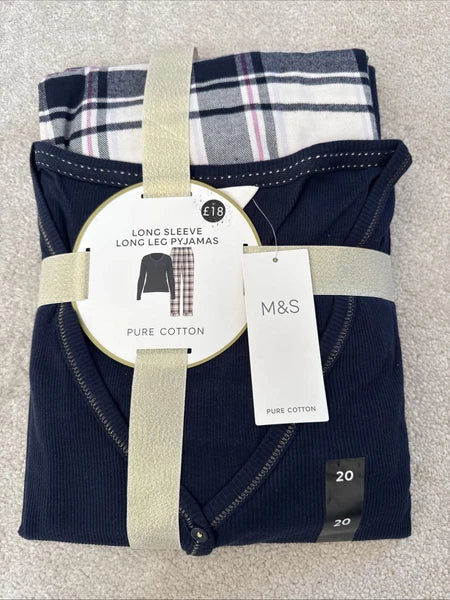 Marks and Spencer Pure Cotton Long Sleeve Long Leg Pyjamas Size 20