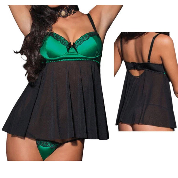 Womens Lingere Green Satin Babydoll Nightie Sleepwear G-String Large Size Ladies