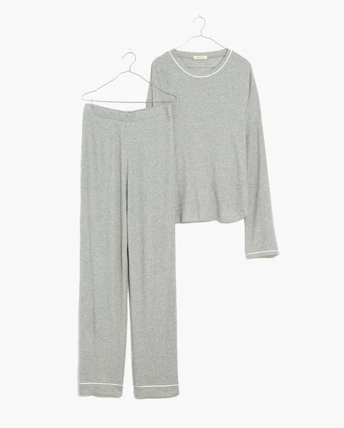 MADEWELL WOMEN'S HEATHER GREY LONG SLEEVE PIPPED WAFFLE KNIT PAJAMA SET Sz XXS