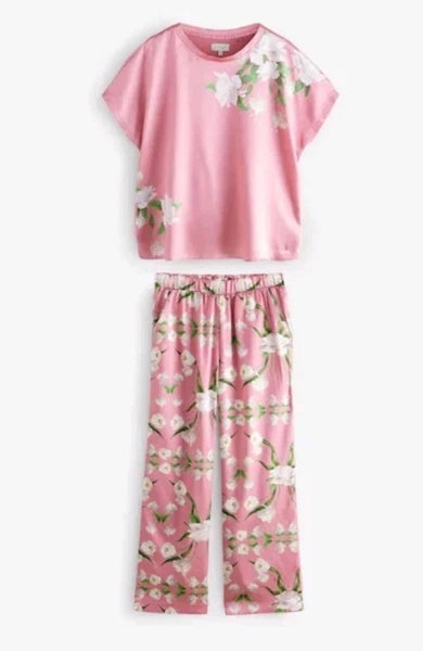BNWT Ted Baker Womens Pink Floral Satin Jersey Mix Pyjamas Set Size 14