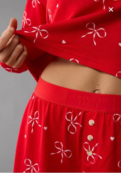 American Eagle Bow Plush PJ Pajama Set Women Medium Shirt & Shorts Red NWT